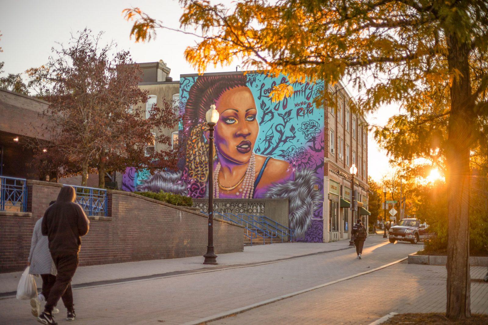A mural on the side of the Jackson Mann school in Allston. The Boston Center for Youth and Families will resume services at the Jackson Mann Community Center amidst a delay in building a new Allston-Brighton community center. ZACH SCHWARTZ/DFP PHOTOGRAPHER