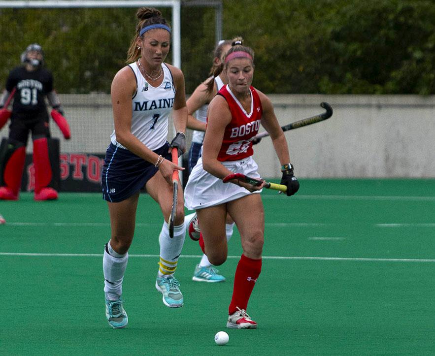 Junior forward Ellie McIntyre in a match against the University of Maine October 3. Despite a 4-14 record this season, the Boston University field hockey team put in consistent effort and ended their last match on a high note. MEGHAN SCOTT/ DFP FILE