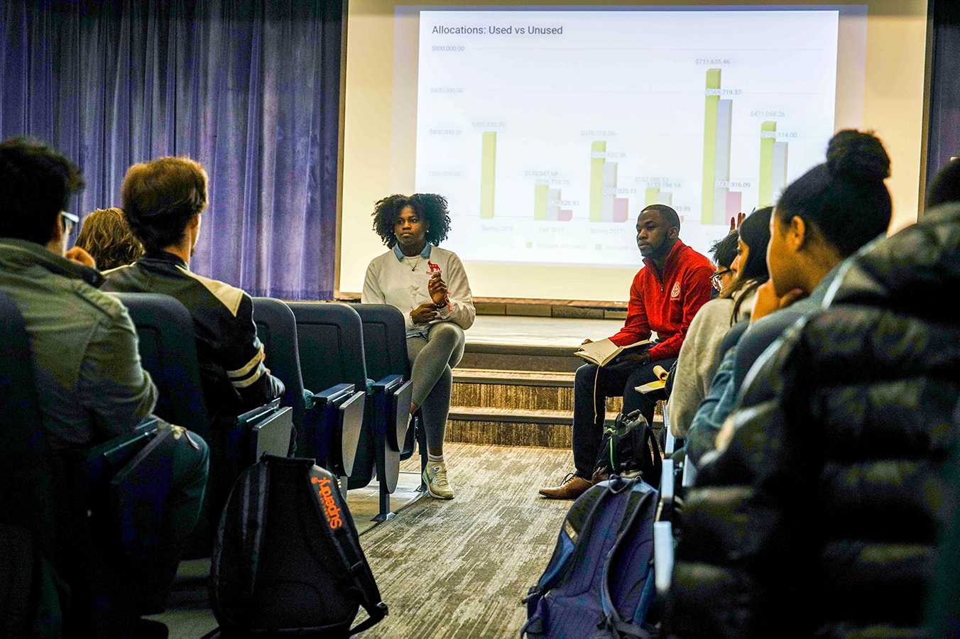 Student Government President Devin Harvin and President-elect Hafzat Akanni present proposed changes to Boston University’s budget for student groups in the GSU Conference Auditorium Tuesday night. SERENA YU/ DFP STAFF
