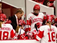 Boston University women’s ice hockey head coach Brian Durocher coaches the team during a timeout in 2020