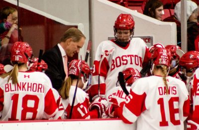 Boston University women’s ice hockey head coach Brian Durocher coaches the team during a timeout in 2020