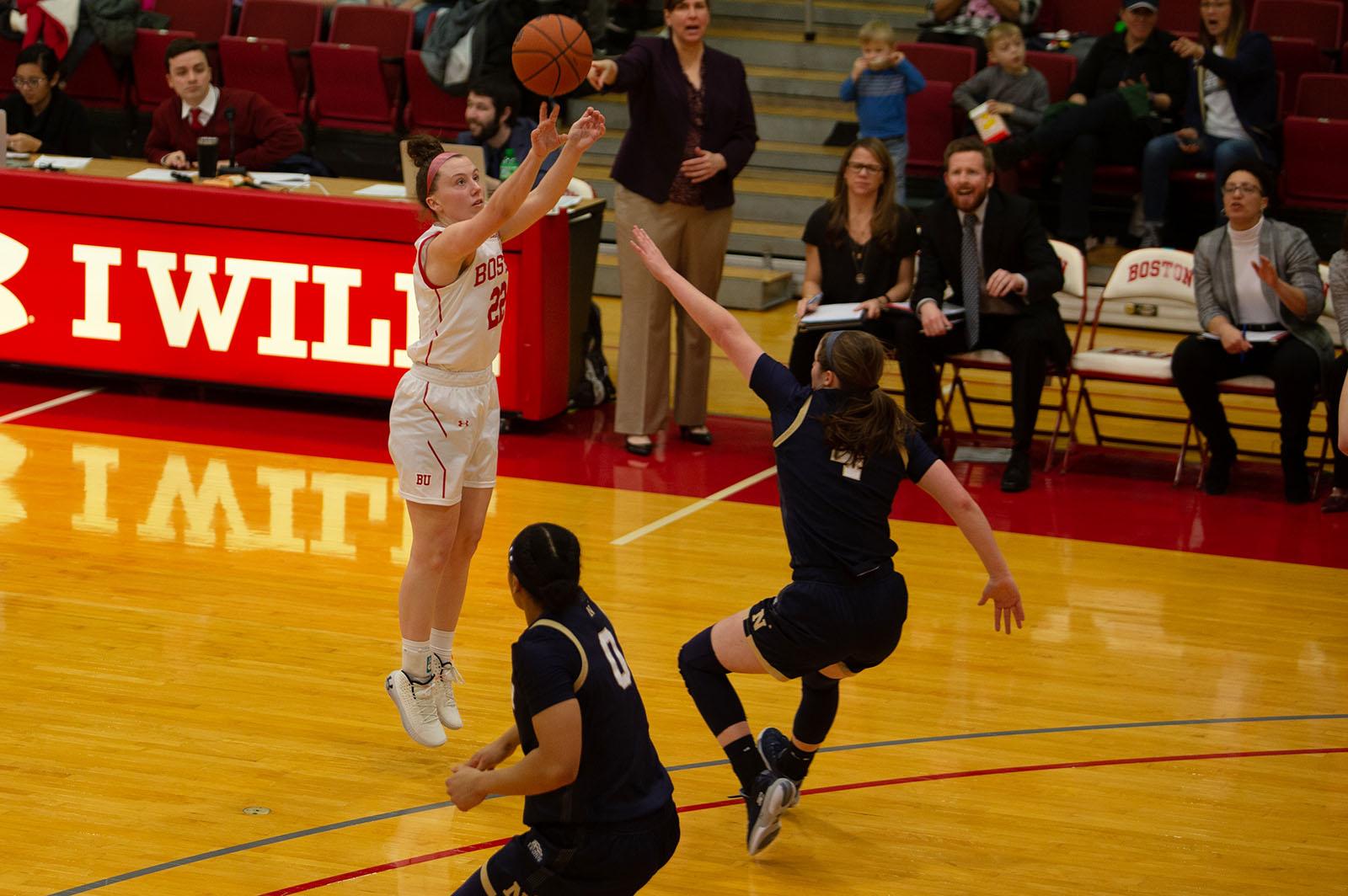 Sophomore guard Maggie Pina in a game against Navy Feb. 15, 2020. The Boston University women’s basketball team split its series against Army West Point last weekend. RACHEL SHARPLES/ DFP FILE