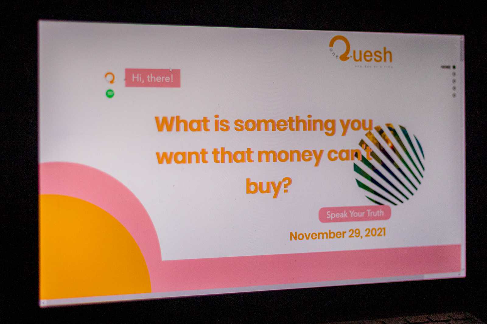 The OneQuesh home page. Boston University School of Hospitality alum Thomas Andrews launched the diary-style social networking app in October, which asks its users a daily question whose answer is archived and made viewable only to others who have answered the same question. ILLUSTRATION BY BAILEY SHEN/ DFP STAFF