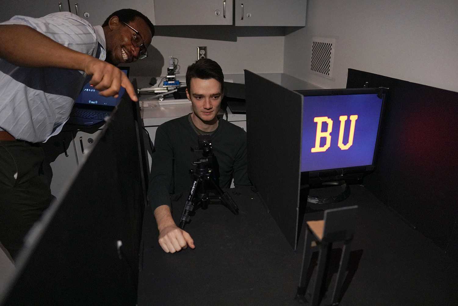 Charles Saunders and John Murray-Bruce are working with Vivek Goyal, a professor at Boston University's College of Engineering, on a camera that can look around corners. SOPHIE PARK/ DAILY FREE PRESS STAFF