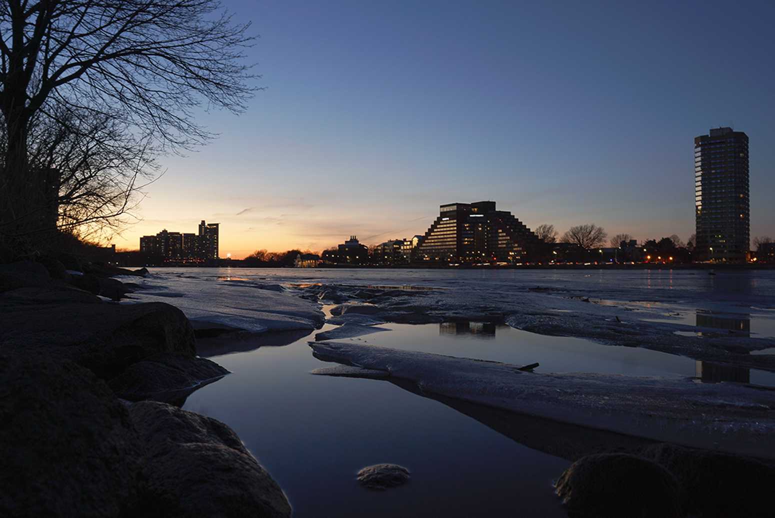Ice sheets melting on the Charles River as the weather warms this month. Boston University held a session Feb. 4 on the interactions between people, waterways and coastal cities in varying geographies. SOPHIE PARK/ DAILY FREE PRESS STAFF