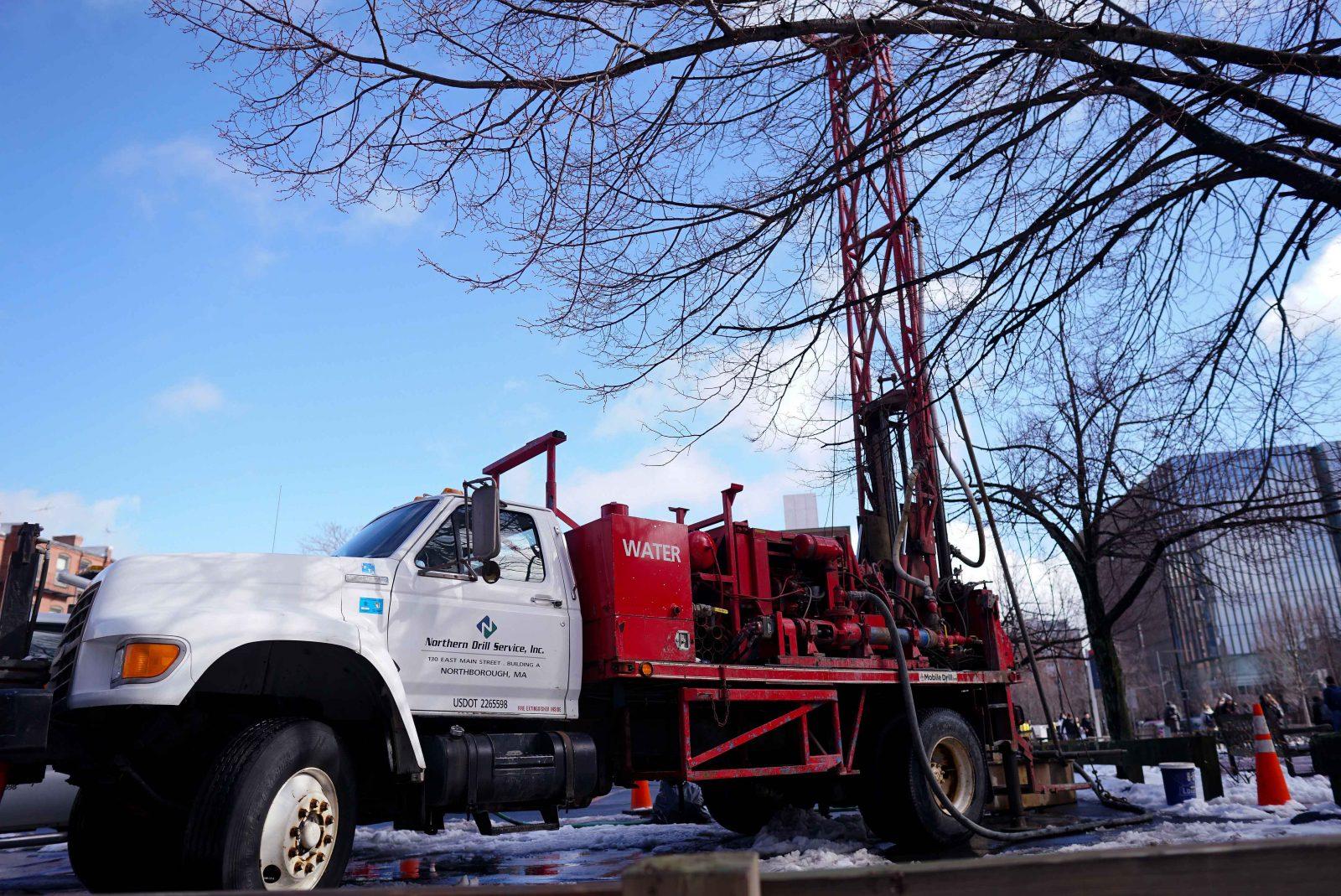 A Northern Drill Service truck on the Boston University campus where the school is planning to build a new Data Sciences Building. The building is designed to be flood-resilient, in line with BU’s Climate Action Plan. SOPHIE PARK/ DAILY FREE PRESS STAFF