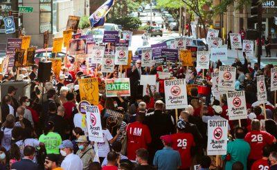 demonstrators gathered at Marriott Labor Day Rally