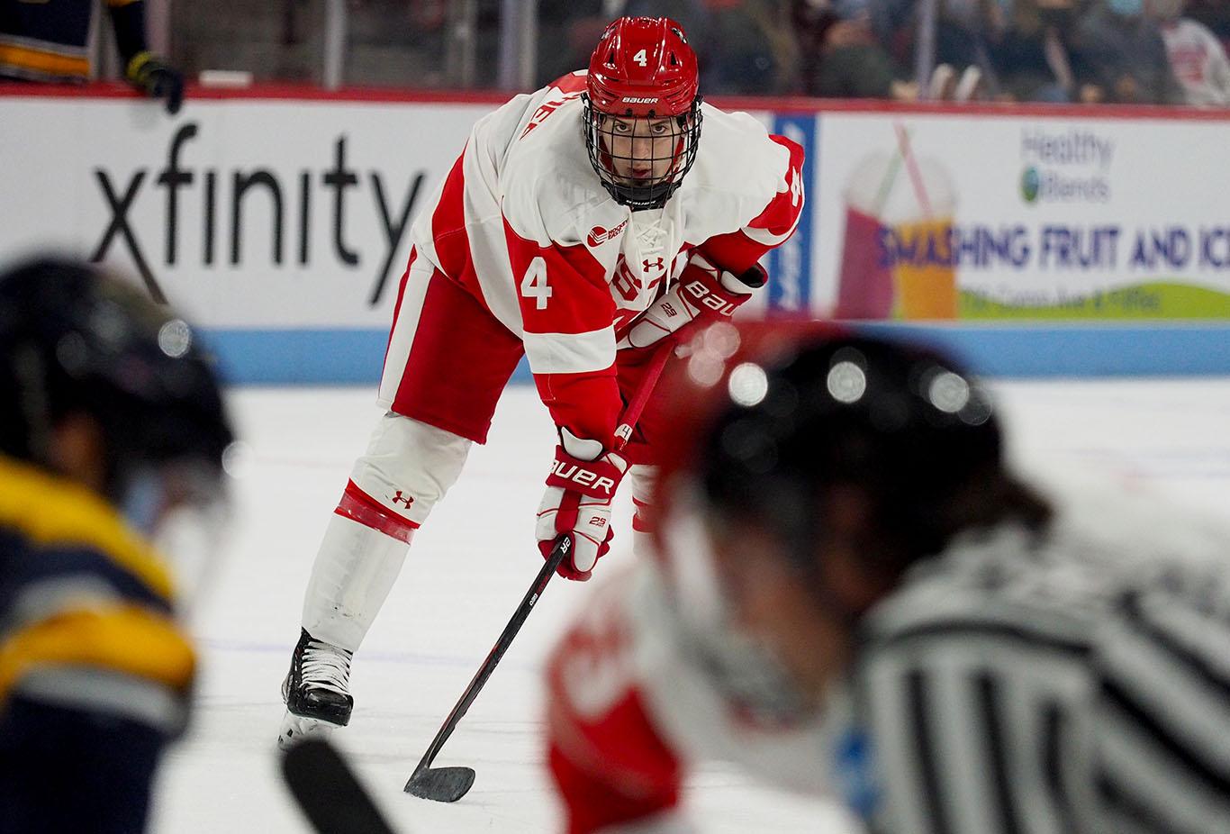 Freshman defenseman Ty Gallagher pictured in a game against Merrimack College Oct. 23. The Terriers lost to Northern Michigan University Friday and Saturday in Marquette, Michigan. JEFF TEDI/ DFP FILE