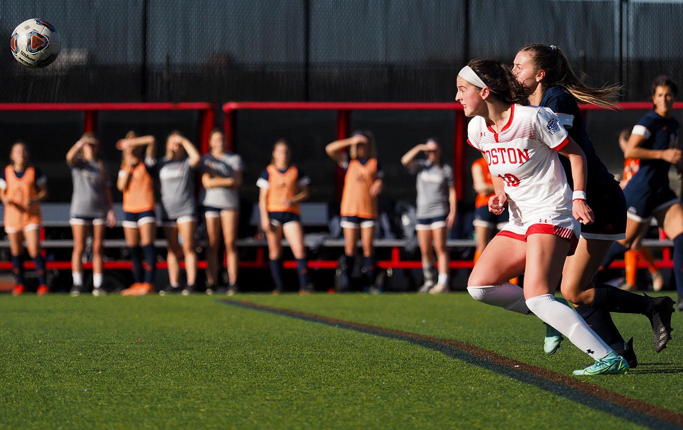 Sophomore forward Abigail McNulty rushes the ball in the Patriot League Championship game against Bucknell University Sunday. The Boston University women’s soccer team concluded their season with a loss to Bucknell by a score of 1-0. JEFF TEDI/ DAILY FREE PRESS STAFF