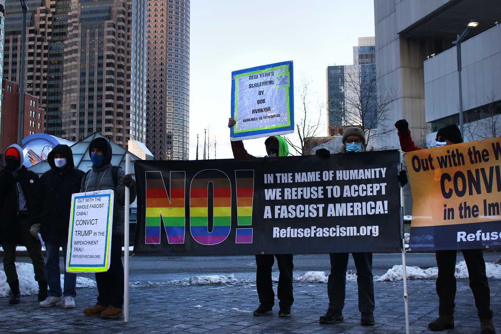 The Boston May Day Coalition and Refuse Fascism New England protested at South Station Wednesday to demand the conviction of former President Donald Trump. RIN VELASCO/ DAILY FREE PRESS STAFF