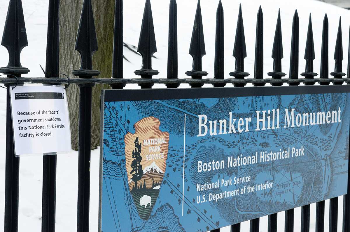 The Bunker Hill Monument, a Boston National Historic Park, is closed due to the partial federal government shutdown. 
VIGUNTHAAN THARMARAJAH/ DAILY FREE PRESS STAFF