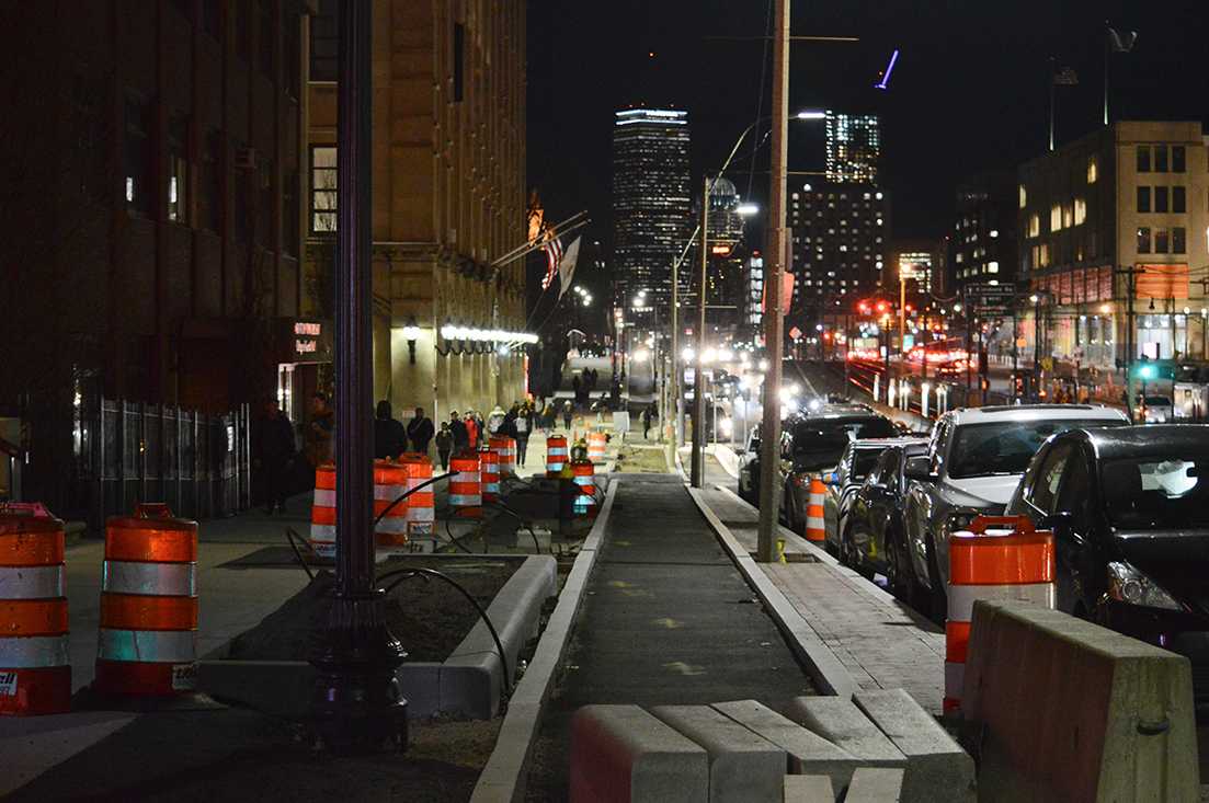 Construction zones dot Boston University’s West Campus along Commonwealth Avenue. Projects include sidewalk reconstruction, separated bike lanes, new wheelchair ramps, a water line, drainage systems and landscaping. VIGUNTHAAN THARMARAJAH/ DAILY FREE PRESS STAFF