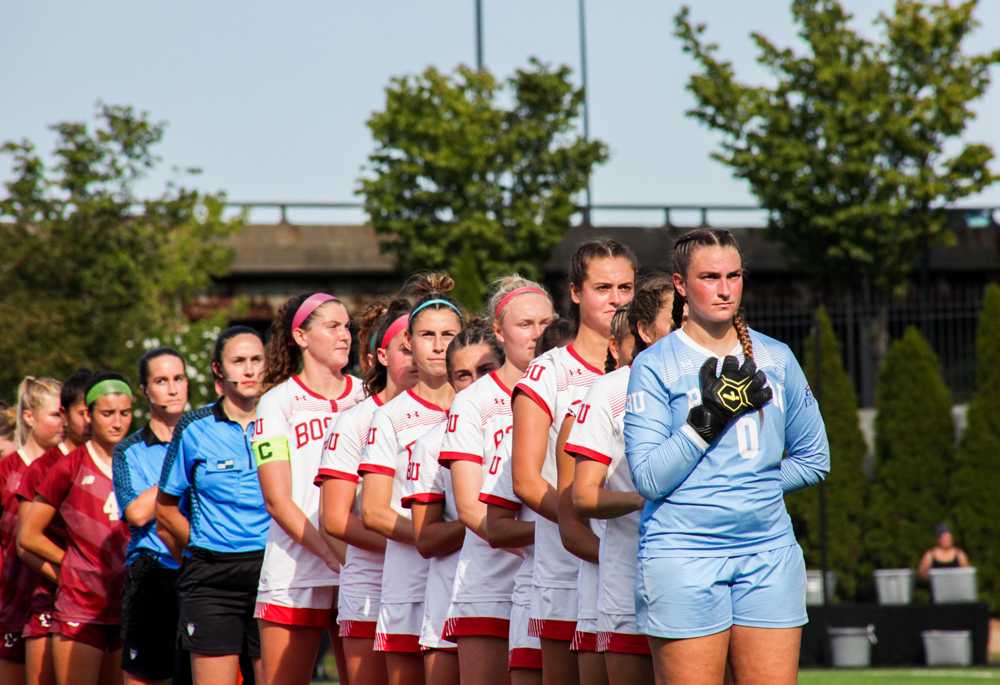 The Boston University women’s soccer team stands for the national anthem last season on Sept. 4, 2022. The Terriers fell to Maine last Thursday with a final score of 2-1. MAGGIE WEN/DFP FILE