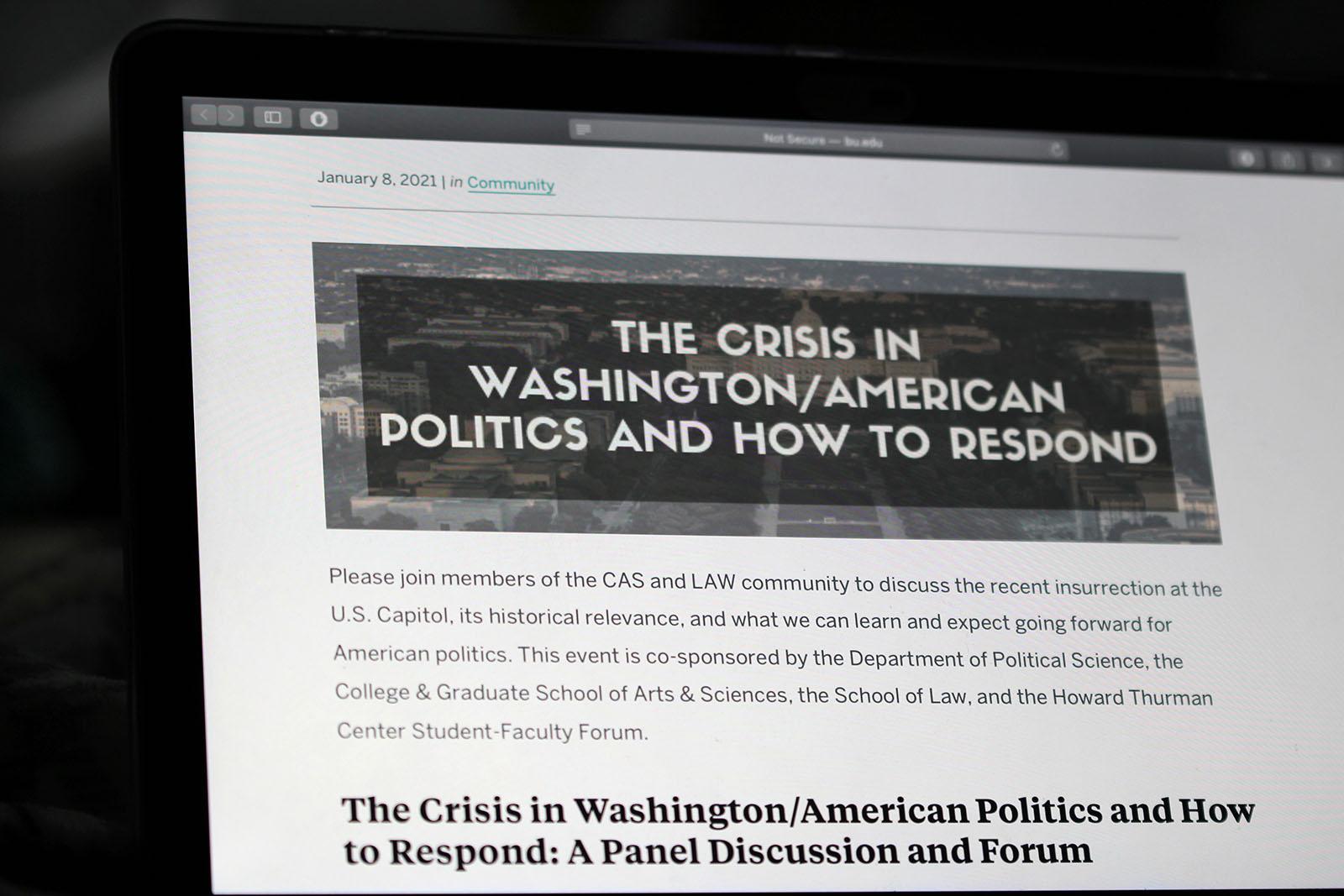 In a virtual panel Monday, speakers from the College of Arts and Sciences, Howard Thurman Center and School of Law discussed the impact of the U.S. Capitol riots on American government and democracy. HANNAH YOSHINAGA/ DAILY FREE PRESS STAFF 