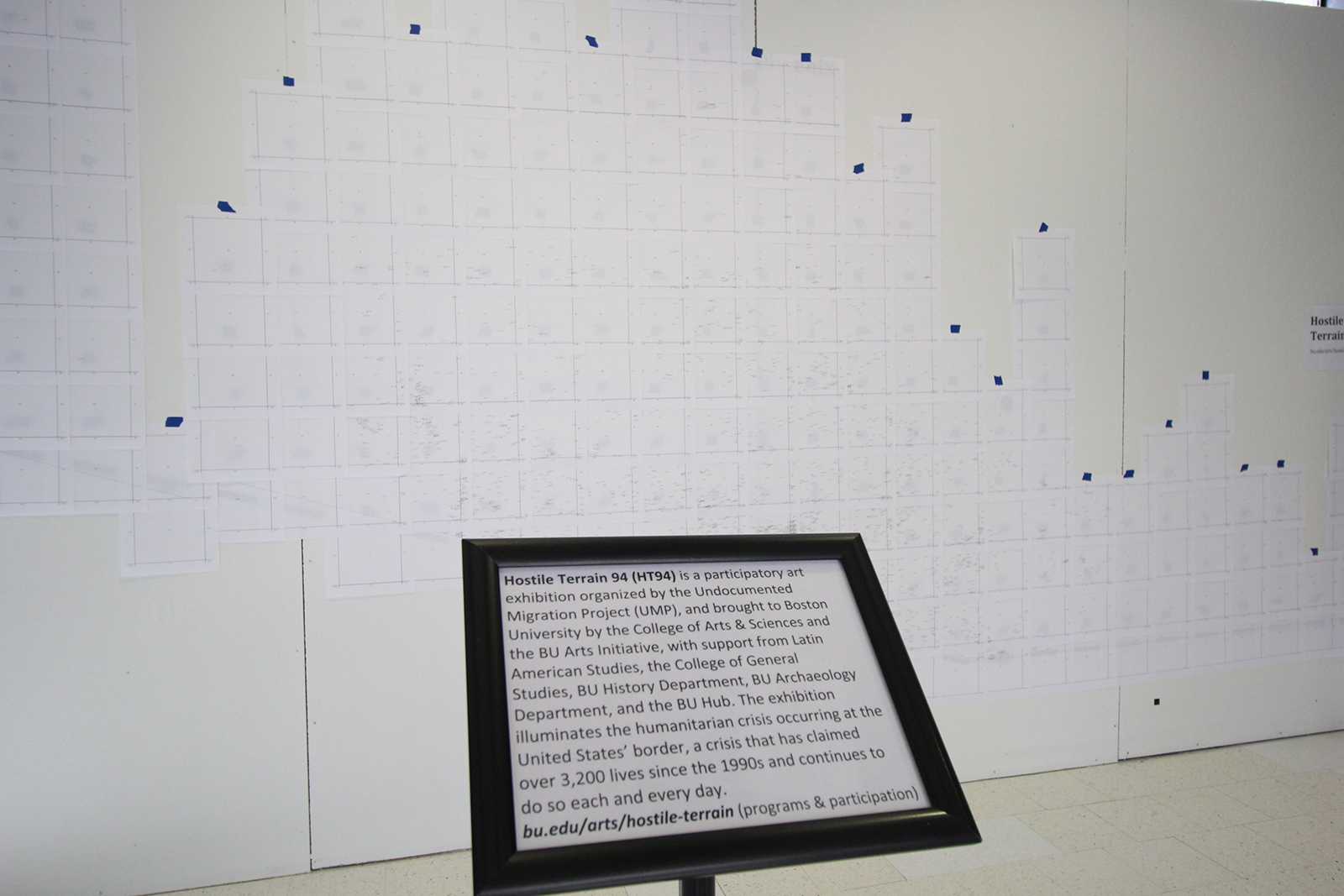The currently empty “Hostile Terrain 94” exhibit on the second-floor landing of the George Sherman Union where students will be able to place a tag commemorating lives lost at the U.S.-Mexico border. HANNAH YOSHINAGA/ DAILY FREE PRESS STAFF