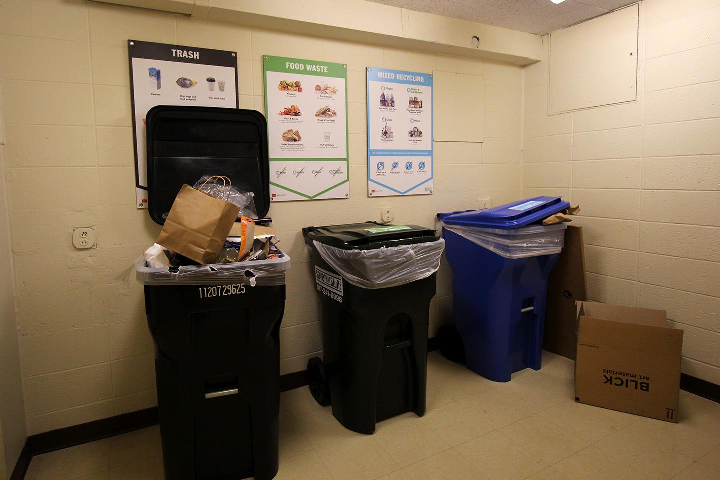 Boston University installed three-bin recycling systems in Claflin, Rich and Sleeper Halls in West Campus to make recycling easier for residents. HANNAH YOSHINAGA/ DAILY FREE PRESS STAFF