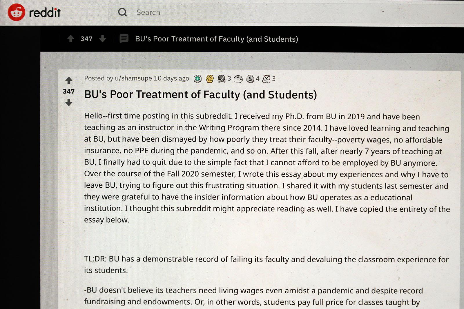 Samuel Shupe, a former Boston University lecturer, posted an essay on Reddit last week detailing his frustration with BU’s failure to pay faculty members a living wage. ILLUSTRATION BY HANNAH YOSHINAGA/ DAILY FREE PRESS STAFF 