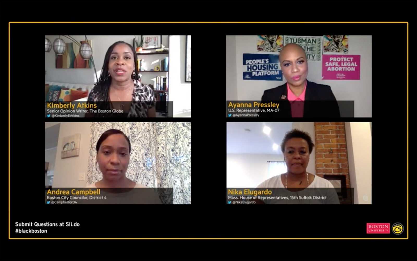 In “Black Boston: Building Healthy Communities,” a virtual panel hosted by Boston University’s Initiative on Cities, BU Diversity and Inclusion and WBUR CitySpace, local representatives gathered to discuss Black representation in politics. HANNAH YOSHINAGA/ DAILY FREE PRESS STAFF