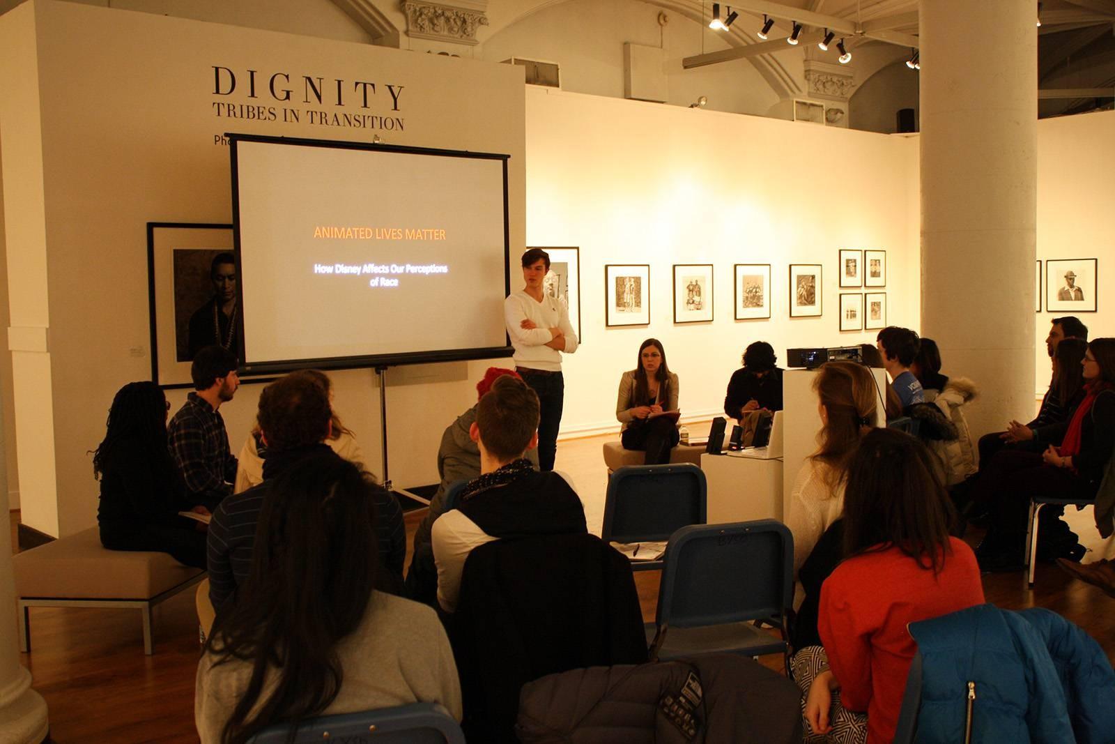 Panelists speak about the portrayal of race in Disney animated films Thursday at the Stone Gallery in Boston University’s College of Fine Arts. PHOTO BY BETSEY GOLDWASSER/DAILY FREE PRESS STAFF
