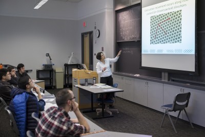 Elise Morgan, a mechanical engineering professor in the College of Engineering, leads her “Mechanical Behavior of Materials” class in the Photonics Center Wednesday afternoon. PHOTO BY SARAH SILBIGER/DAILY FREE PRESS STAFF