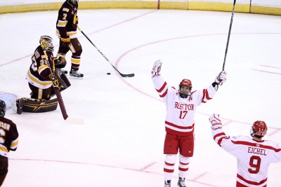 Senior assistant captain Evan Rodrigues celebrates his first goal in BU's 3-2 win over Minnesota Duluth. PHOTO BY MAYA DEVEREAUX/DAILY FREE PRESS STAFF