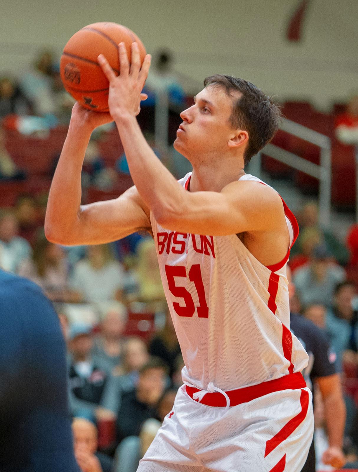 Senior forward and captain Max Mahoney, shown in a November 2019 game against the University of New Hampshire, earned his third double-double of the season with 14 points and 10 rebounds in Boston University’s 60-58 overtime loss against Navy. EDWIN HERNANDEZ/ DFP FILE