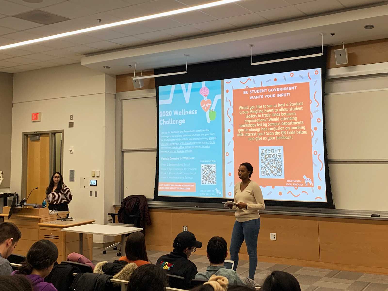 Director of Social Advocacy Michelle Njoroge presents the 2020 Wellness Challenge at Monday night’s meeting. ELLIE YEO/ DAILY FREE PRESS STAFF