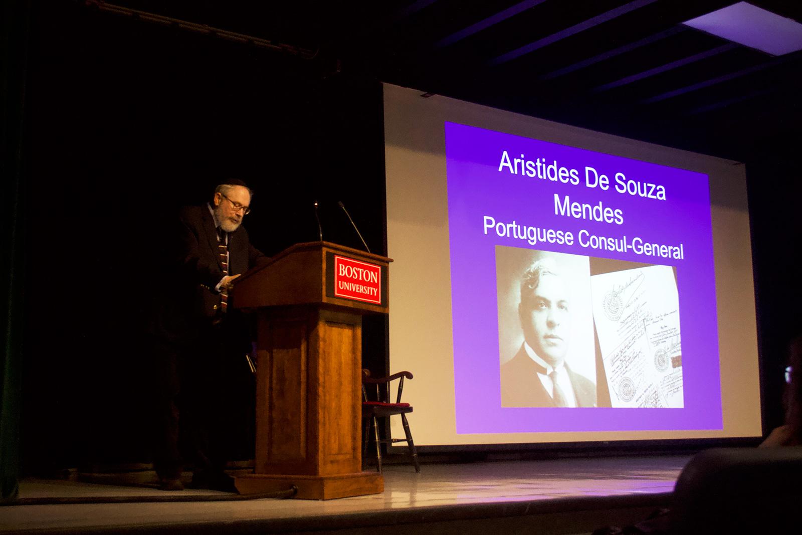Boston University Professor of Health Law, Ethics and Human Rights Michael Grodin speaks at the Elie Wiesel’s “Beyond Duty” event Sunday to commemorate Holocaust Remembrance Day. EMILY HARDY/ DAILY FREE PRESS STAFF
