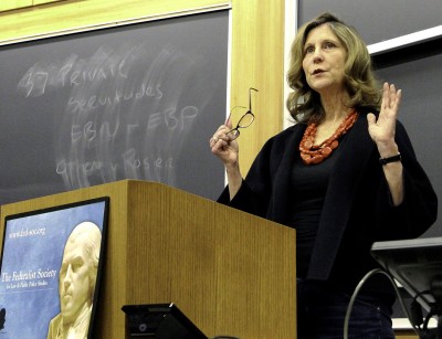 American Enterprise Institute Scholar Christina Hoff Sommers speaks at “Freedom Feminism: The Best Way Forward in the Gender Wars” Monday at the Boston University School of Law. PHOTO BY MAE DAVIS/DAILY FREE PRESS STAFF 