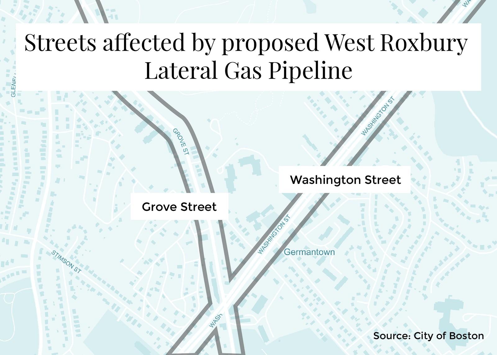 Boston Mayor Martin Walsh filed a request April 2 for a rehearing with the Federal Energy Regulatory Commission about the West Roxbury Lateral Gas Pipeline, which will run along Washington Street and Grove Street. GRAPHIC BY MICHAEL DESOCIO/DAILY FREE PRESS STAFF


