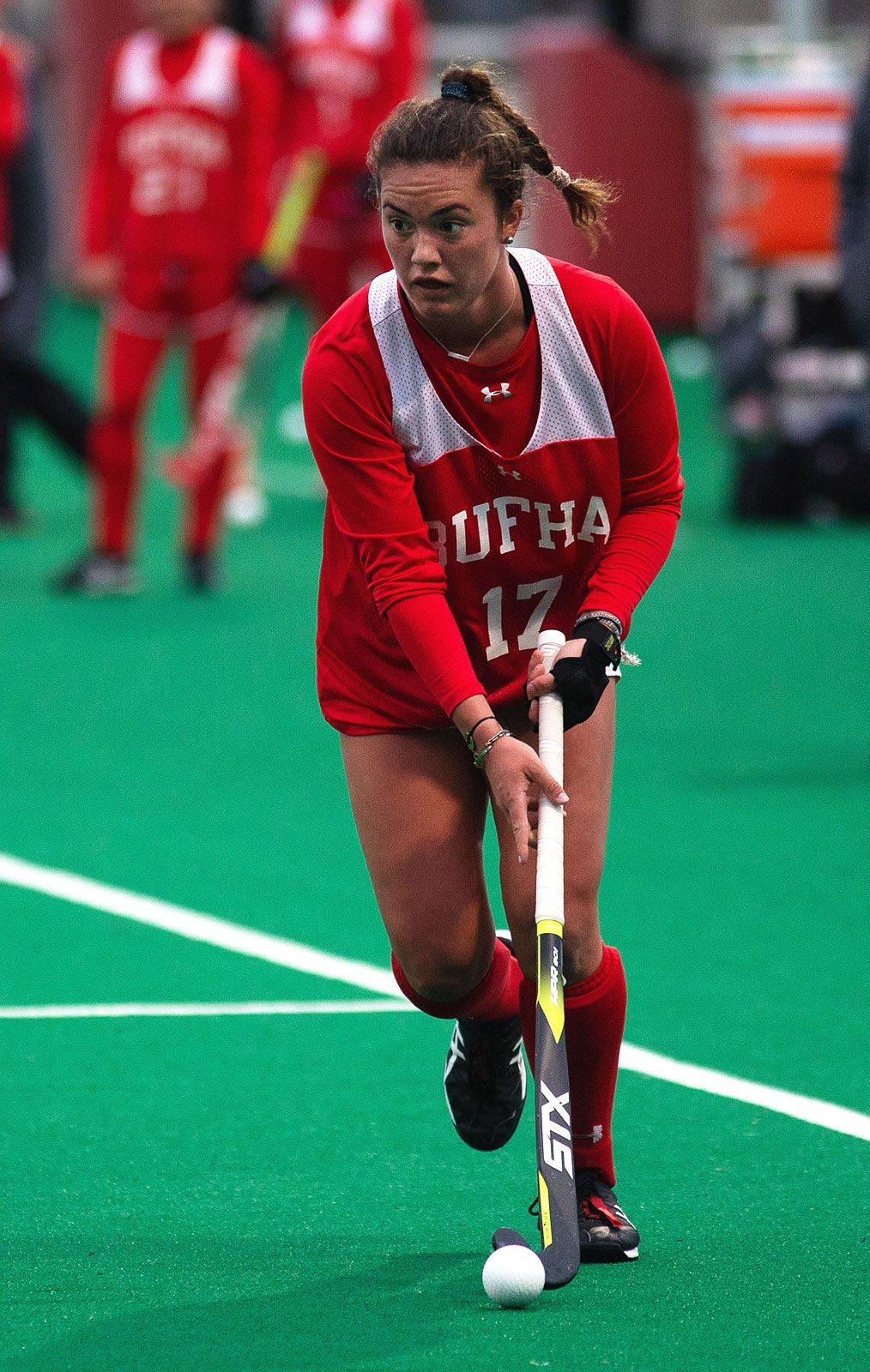 Junior midfielder Maggie New in a game against Northeastern University on April 5. New got on the scoresheet in the 4-3 loss to Columbia University. MATTHEW WOOLVERTON/ DFP FILE