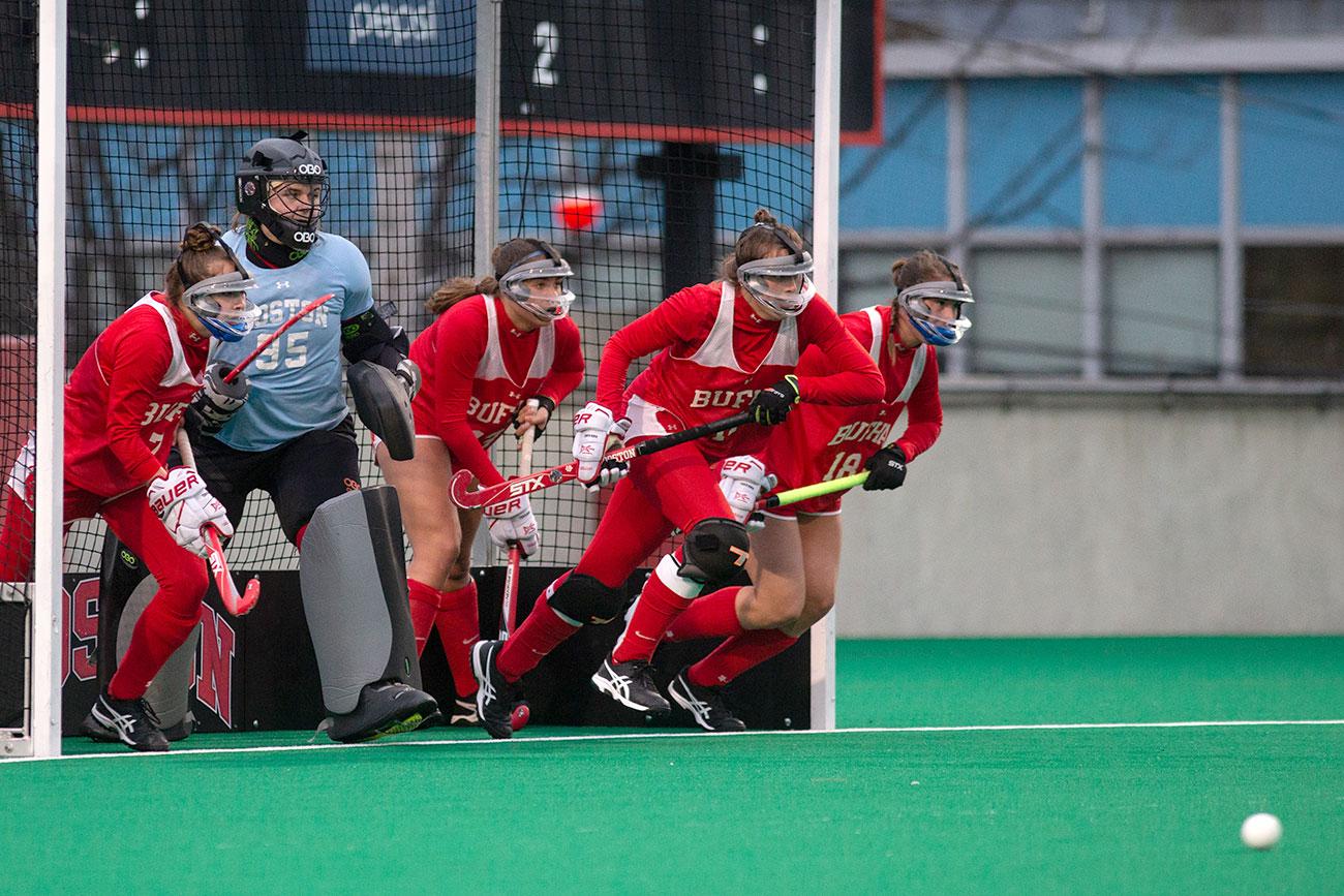 The Boston University field hockey team facing Northeastern University on April 5. MATTHEW WOOLVERTON/ DFP FILE