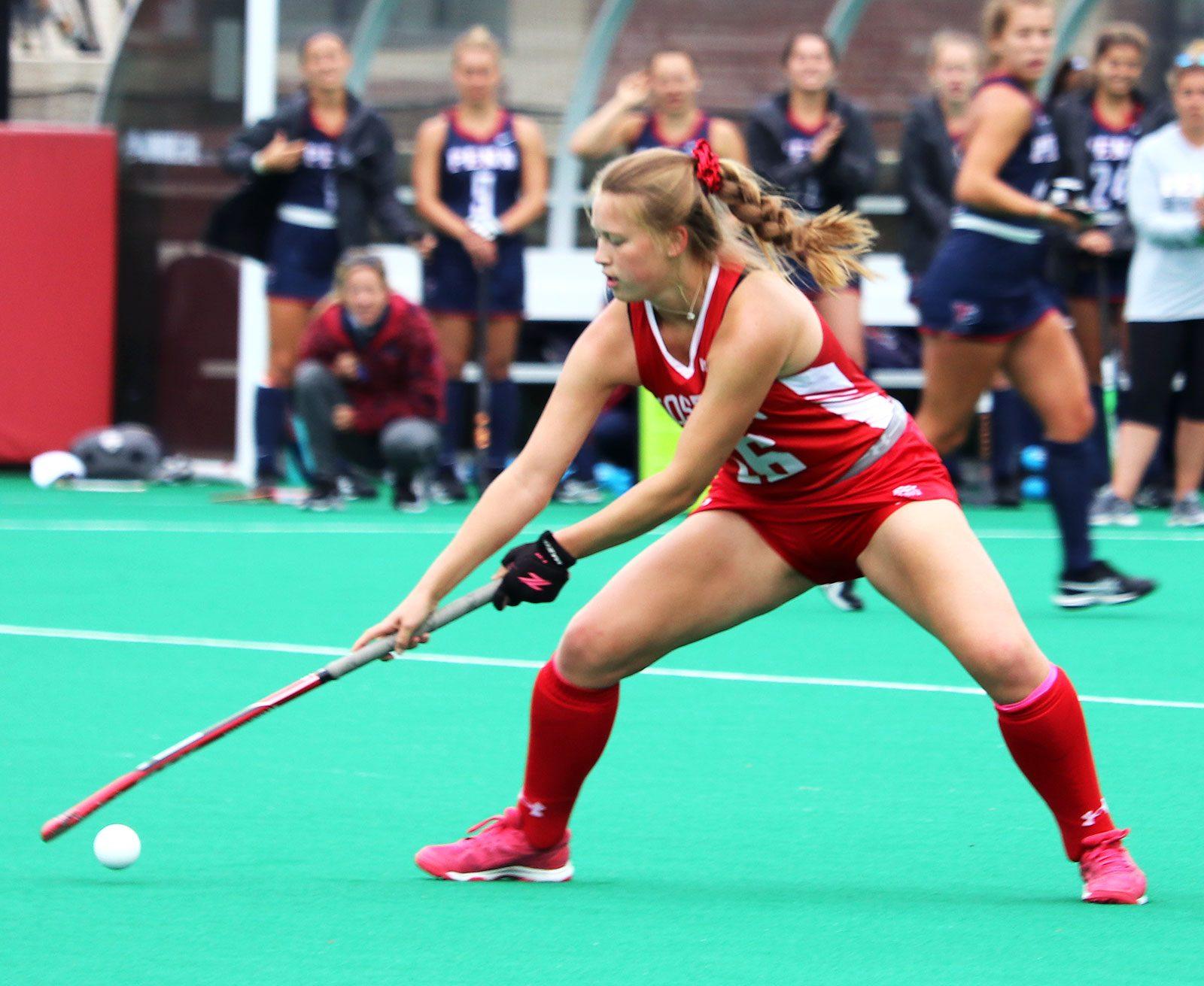 rebecca janes handles the ball against upenn