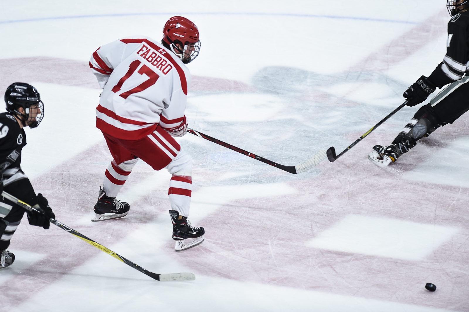 Sophomore defenseman Dante Fabbro has a game-high seven blocked shots. PHOTO BY MADDIE MALHOTRA/ DAILY FREE PRESS STAFF