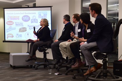 A panel of experts speaks Tuesday at a “Funding 101: Pathways for Food and Beverage Startups” talk hosted by Branchfood and The Capital Network at the Cambridge Innovation Center. PHOTO BY MADDIE MALHOTRA/DAILY FREE PRESS STAFF