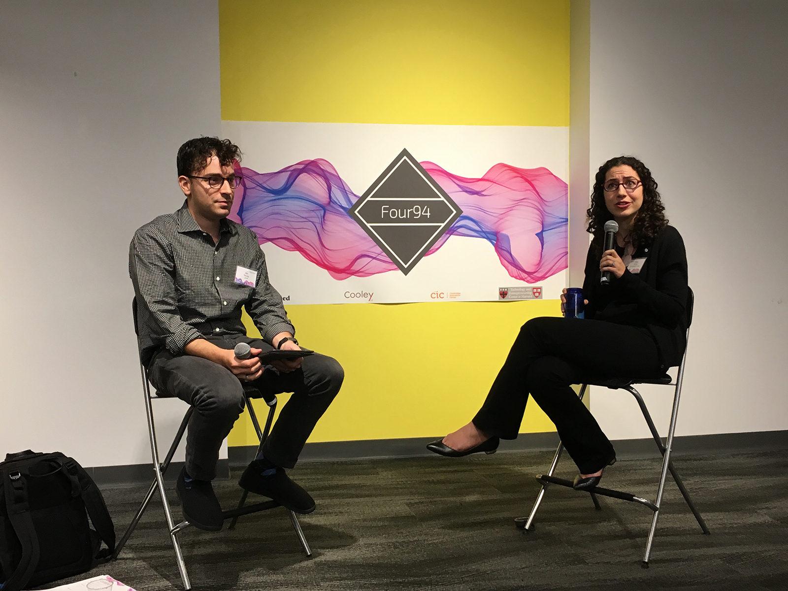 Maya Simon and Alex Taussig give advice to aspiring entrepreneurs at the Four94 kickoff conference Saturday. PHOTO BY JENNI TODD/ DAILY FREE PRESS STAFF