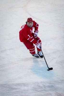 BOSTON, MA - JANUARY 07: Boston University Terriers defenseman Charlie McAvoy (7) during the second period of the game between the Boston University Terriers and the UMass Minutemen on January 8th, 2016, at Fenway Park in Boston, MA. (Photo by John Kavouris/Daily Free Press Staff)