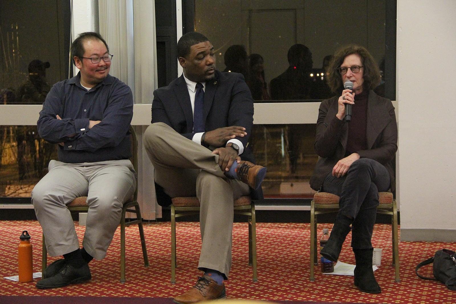 Professor Barbara Gottfried speaks about masculinity at the “Mind the Gap: Masculinity and the Gender Divide” discussion held Tuesday evening in Metcalf Hall. PHOTO BY SOFIA FARENTINOS/DAILY FREE PRESS CONTRIBUTOR