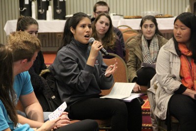 Gabriella Vasquez, a senior in the Sargent College of Health and Rehabilitation Sciences, shares her opinion on gender during the discussion. PHOTO BY SOFIA FARENTINOS/DAILY FREE PRESS CONTRIBUTOR