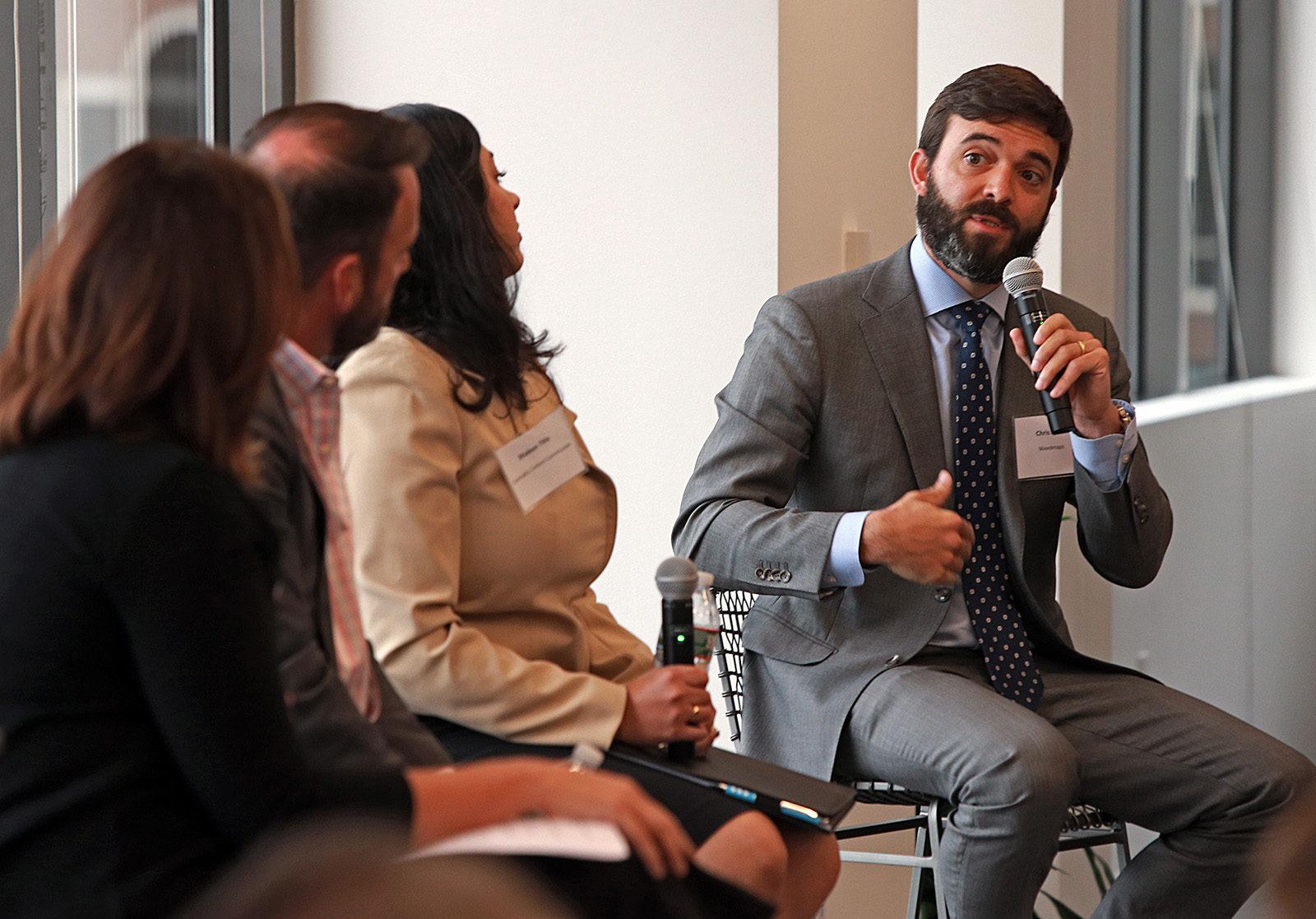 Weedmaps President Chris Beals speaks Friday at a Greater Boston Chamber of Conference meeting about the business opportunities legalized marijuana can bring to Massachusetts. PHOTO COURTESY MATT STONE