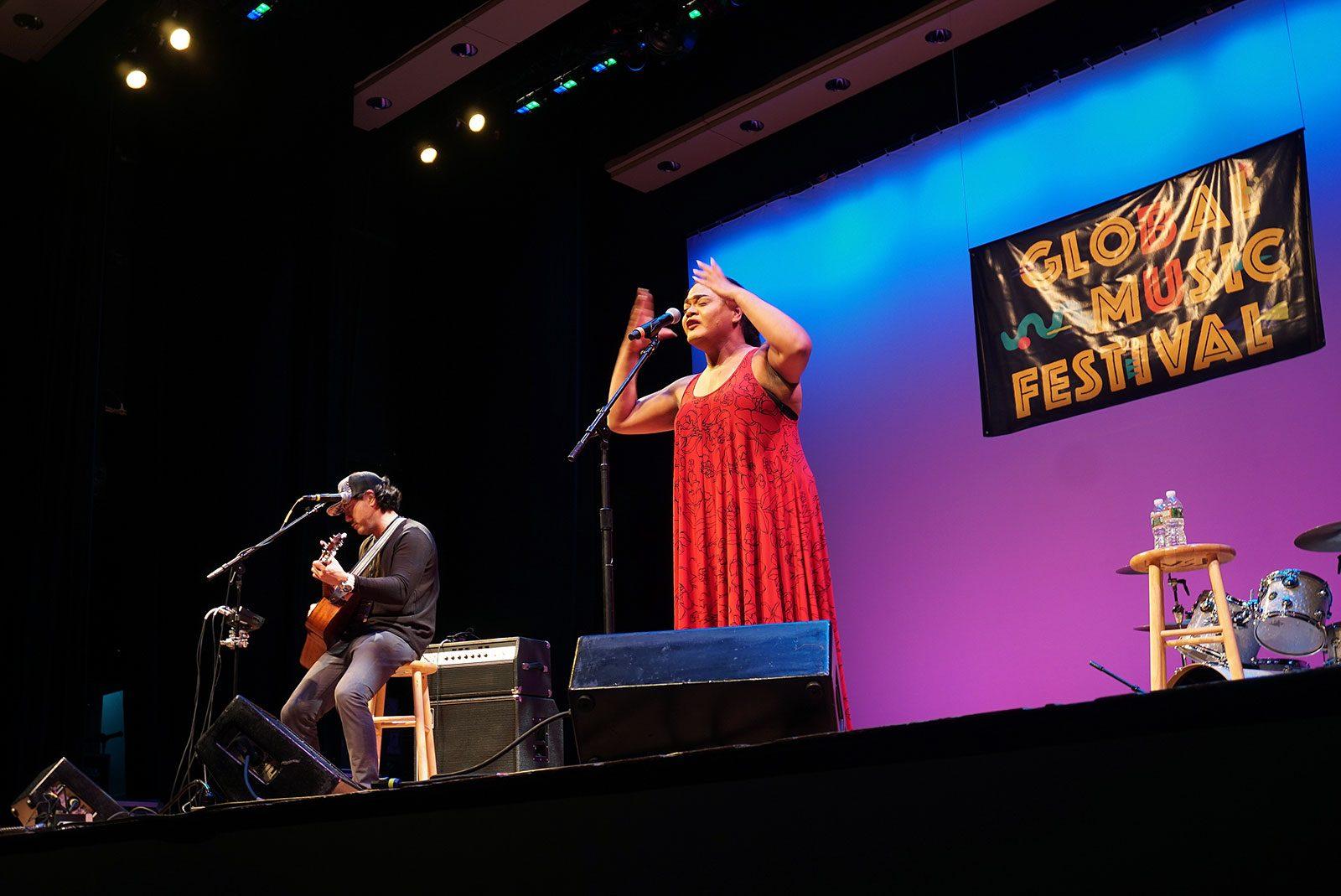 Hawaiian artist Kaumakaiwa Kanaka’ole performs at the Tsai Performance Center as part of Boston University’s Global Music Festival. SOPHIE PARK/ DAILY FREE PRESS STAFF