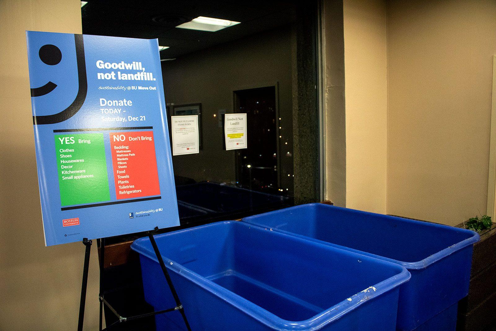 A Goodwill bin in Warren Towers part of sustainability@BU’s “Goodwill Not Landfill” initiative, which encourages students to donate unwanted items during move out period. SOFIA KOYAMA/ DAILY FREE PRESS STAFF 