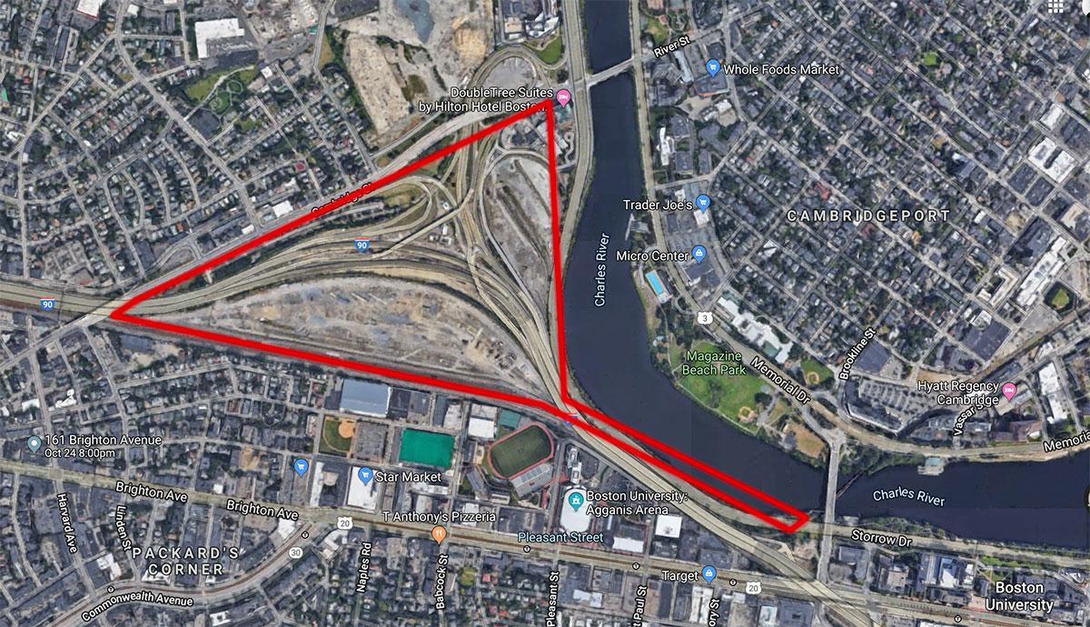 A rough outline of the project area, as detailed by the State of Massachusetts’ press page on the Allston viaduct. The Massachusetts Department of Transportation announced that the project is one step closer to being approved. GOOGLE MAPS