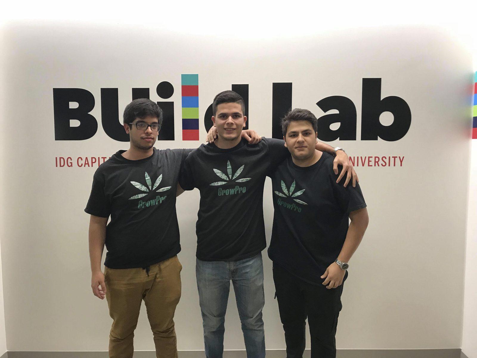 BU students Anant Gupta, Francis Zamora and Rishi Chopra, the creators of Growpro. The startup hopes to create products for people who want to grow cannabis at home. PHOTO COURTESY BUILD LAB STAFF