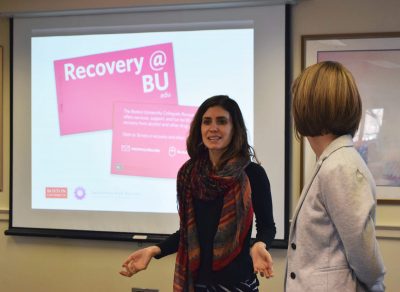 Leah Barison and Katharine Mooney from Boston University’s Student Health Services discuss the role of activities on campus in preventing students from drinking, during a meeting Friday afternoon in the George Sherman Union. PHOTO BY ABBY FREEMAN/ DAILY FREE PRESS STAFF