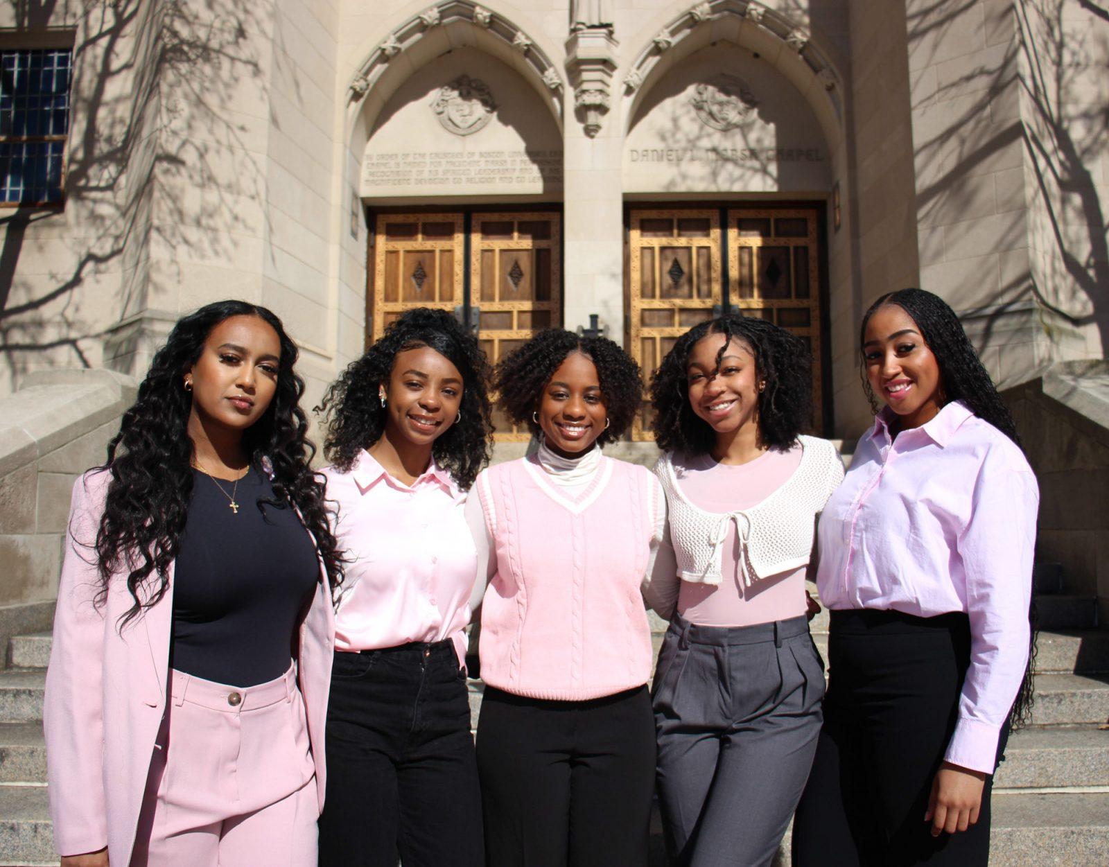 From left: National Society of Black Women in Medicine Executive Board members Timinte Abraham, Nalia Abney, Belinda Daniel, Kendall Brown and Naomi Ayo-John. NSBWM, which was founded in Fall 2023, supports Black women who want to enter careers in medicine. BRENDA GONZALEZ/DFP PHOTOGRAPHER