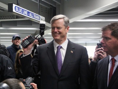 Massachusetts Gov. Charlie Baker announces the first train to leave the Government Center Station since reopening. PHOTO BY SOFIA FARENTINOS/DAILY FREE PRESS STAFF