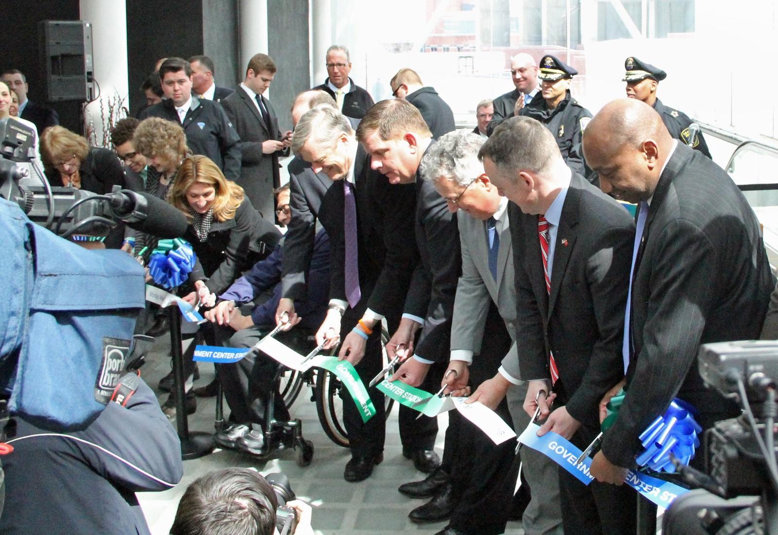 After two years of closure due to construction, officials from the state and local governments as well as MBTA leaders cut the ribbon at the opening of the newly renovated Government Center Station. PHOTO BY SOFIA FARENTINOS/DAILY FREE PRESS STAFF