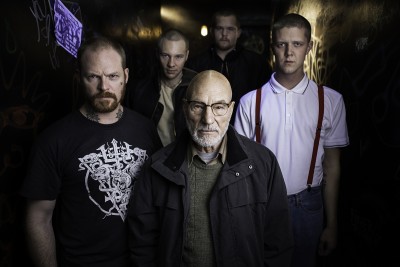 “Green Room” stars Patrick Stewart, Brent Werzner, Samuel Summer, Colton Ruscheinsky and Mason Knight pose as their characters in the new thriller. PHOTO COURTESY SCOTT PATRICK GREEN/A24