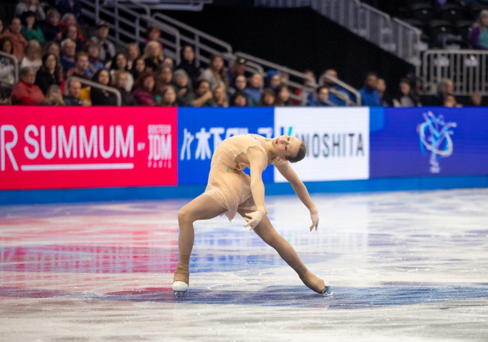 Lithuanian figure skater Meda Variakojyte bends backward during her short program Wednesday. HOLLY GUSTAVSEN/DFP PHOTOGRAPHER 
